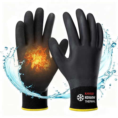 KAYGO Winter Waterproof Work Gloves for Men and Women, 3 Pairs Thermal Insulated Freezer Rubber Coated Gloves,Super Grip,KG160 (L, Black) - color: Black-thermal, size: Large (Pack of 3)