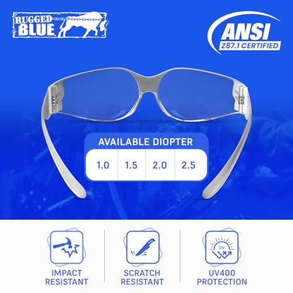 RUGGED BLUE - Bifocal Safety Glasses | Ansi Z87.1 Certified | Safety Glasses With Readers 2.5 | Scratch-Resistant Lenses | Impact-Resistant Eye Protection | Reading Goggles | 1 Pack - Clear Lens - color: 1 Pair, size: 2.5 Diopter