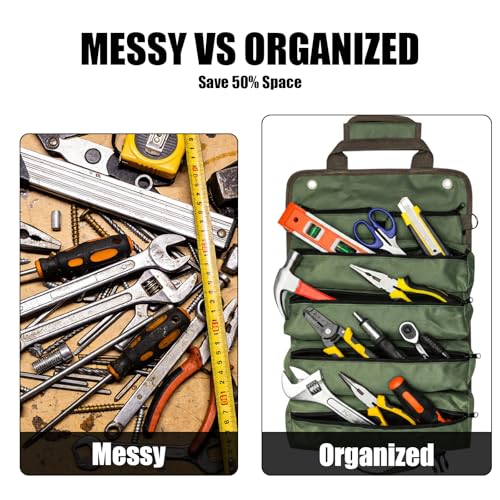 Portable Roll up Tool Bag, Heavy Duty Tool Organizer Bag with 5 Compartments & 2 Detachable Pouches for Tool Storage, Water Resistant Foldable Tool Roll Bag for Dad Men Electrician Mechanic Gift