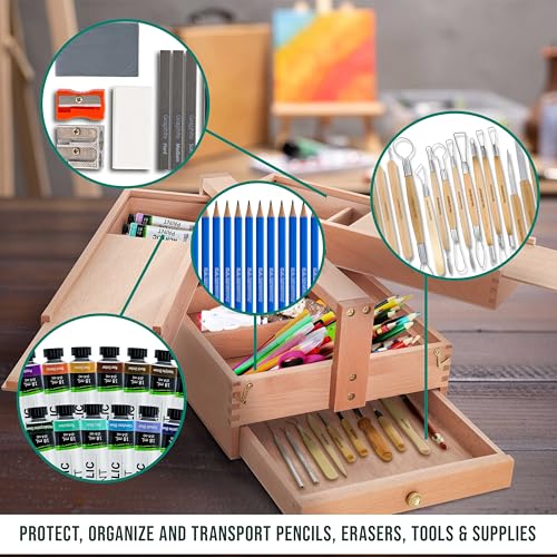 U.S. Art Supply Multi-Function Artist Tool Supply Box with Locking Clasps & Tool Storage Box - Wooden Art Box for Artist Supplies, Brushes, Pencils, Erasers, Tool Storage Organizer Case