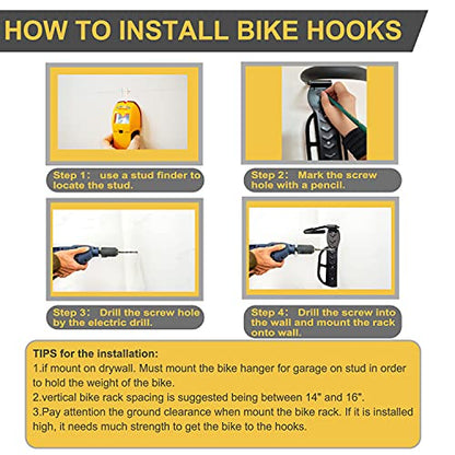 Garage Wall Mount Bike Rack 2 Pack Vertical Bicycle Hanging Hooks for Indoor Storage - color: Black-2pack