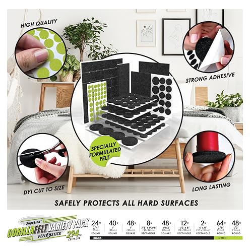 Slipstick Gorilla Felt Furniture Pads (294 Piece Variety Pack) Premium Furniture Pads & Chair Leg Floor Protectors for Hardwood Floors & Hard Surfaces - size: 294 Piece Variety Pack