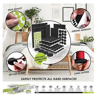 Slipstick Gorilla Felt Furniture Pads (294 Piece Variety Pack) Premium Furniture Pads & Chair Leg Floor Protectors for Hardwood Floors & Hard Surfaces - size: 294 Piece Variety Pack
