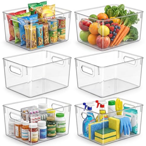 MOONEDGE Open Clear Plastic Storage Bins Stackable Organizer Containers with Handles for Kitchen, Pantry, Fridge, Cabinet, Closet Storage & Home Organization 6 Pack（11 x 8 x 6 in） - color: 6 Pack