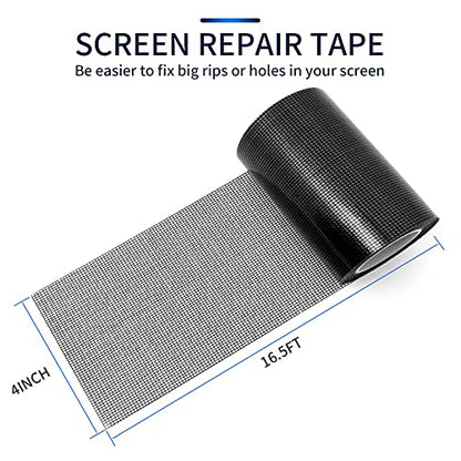 SANKEMU Screen Repair Tape, Extra Wide 16FT, Black, Adhesive & Waterproof, Fiberglass, fix for Screen Door and Window Screen, (4 INCH X 16.5 FT) - size: 4 in X 16.5ft