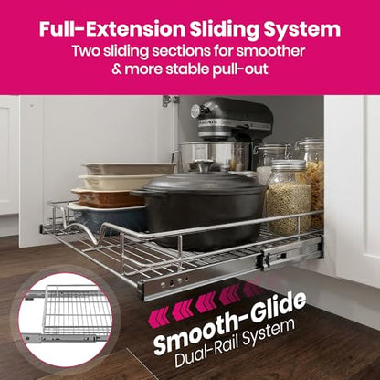 HOLDN’ STORAGE Pull Out Cabinet Organizer, Heavy Duty Caddy w/Lifetime Limited Warranty -11”W x 21”D - Requires At Least 12-1/4” Cabinet Opening, Steel Metal Cabinet Drawers Slide Out, Chrome - size: 11”W x 21”D