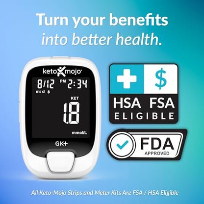 KETO-MOJO GK+ Bluetooth Glucose & Ketone Testing Kit + Free APP for Ketosis & Diabetes Support. 20 Blood Test Strips (10 Each), Meter, 20 Lancets, Lancing Device, and Control Solutions