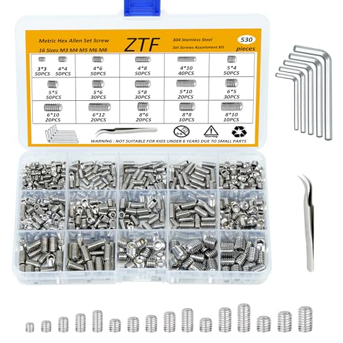 ZTF 530Pcs Metric Set Screws Assortment Kit, Grub Screws Allen Head Socket Set Screws for Bathroom Fixtures, Door Knobs, Towel Rack Screws, Faucets, Plumbing,304 Stainless Steel - size: silver-530pcs