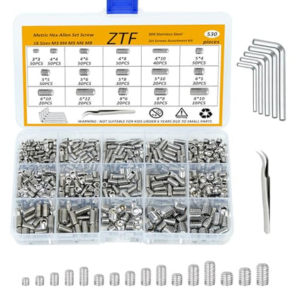 ZTF 530Pcs Metric Set Screws Assortment Kit, Grub Screws Allen Head Socket Set Screws for Bathroom Fixtures, Door Knobs, Towel Rack Screws, Faucets, Plumbing,304 Stainless Steel - size: silver-530pcs