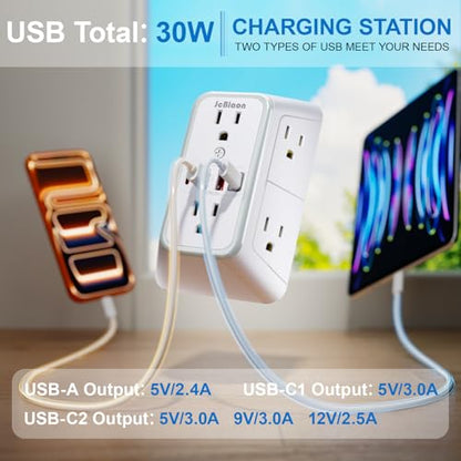 JcBlaon Surge Protector Outlet Extender 6 Outlet Extender with 4 USB Ports (PD 30W), 3 Sided 1050J Multi Plug Wall Adapter Power Strip for Home Travel Office Essentials - color: White PD30W 1PC