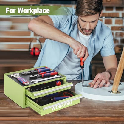 WORKPRO 12.5" Mini Tool Box with 2 Drawers & 1 Open Top Storage, Small Metal Tool Chest with PVC Liners & PP Feet Pads, Cold Rolled Steel Toolbox with Drawer Liners & Magnetic Tabs - color: Macaron Green