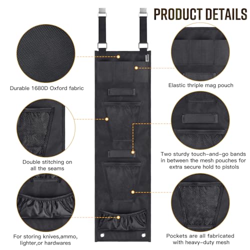 Gun Safe Door Organizer,Handgun Hanger with Elastic Triple Mag Pouch and Mesh Organizer Pockets,Gun Safe Accessories Gun Cabinet Storage,Easy to Install 9.2W*32H Inch