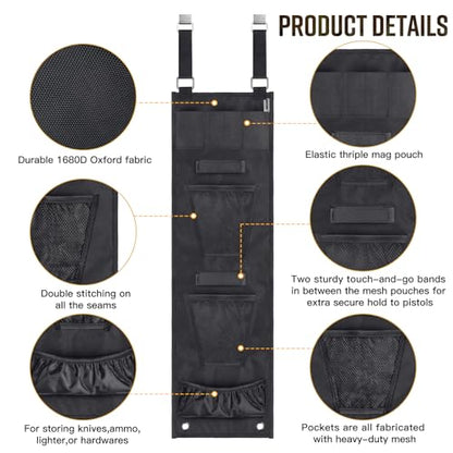 Gun Safe Door Organizer,Handgun Hanger with Elastic Triple Mag Pouch and Mesh Organizer Pockets,Gun Safe Accessories Gun Cabinet Storage,Easy to Install 9.2W*32H Inch