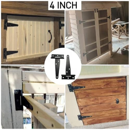 6 Pack 4 Inch Black Hinges T-Strap Hinges for Wood Doors, Steel Black Powder Coated Outdoor shed Door Hinges/barn Door Hinges, gate Hinges for Wooden Fences, Includes Screws (Light Duty) - size: 4IN-6PCS