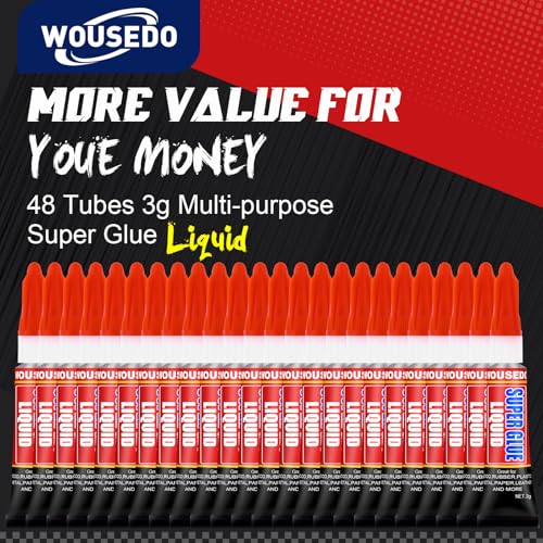 WOUSEDO 48 X 3g Super Glue Liquid, Clear Strong Adhesive,Fast Drying Cyanoacrylate Glue for Wood, Rubber, Leather, Hard Plastic, Metal, DIY Crafts and More - size: Pack of 48, style: Liquid