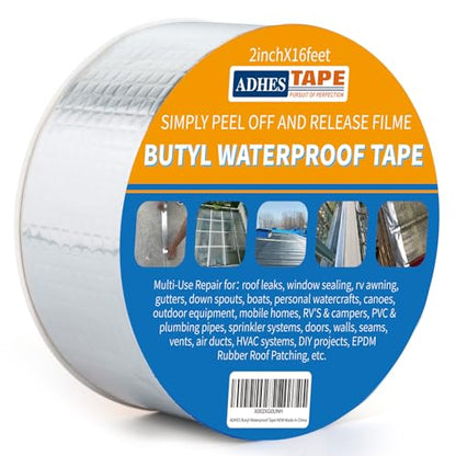 ADHES Upgrade Butyl Tape Waterproof Tape, 1.2mm Thick, 2 inch x 16 feet, Aluminum Foil Tape Butyl Sealant Tape for RV Repair, Window, Boat and Pipe Sealing, Glass & EDPM Rubber Roof Patching,Silver - size: 50mm x 5m
