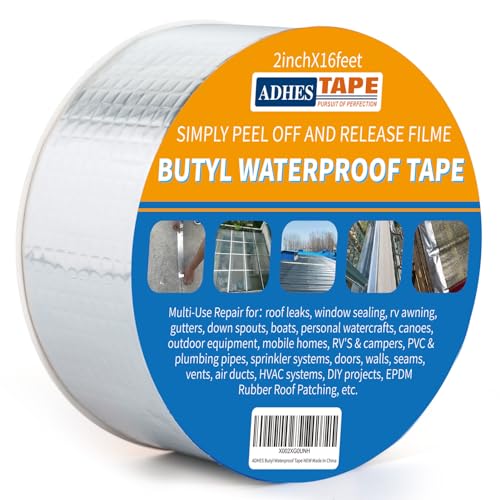 ADHES Upgrade Butyl Tape Waterproof Tape, 1.2mm Thick, 2 inch x 16 feet, Aluminum Foil Tape Butyl Sealant Tape for RV Repair, Window, Boat and Pipe Sealing, Glass & EDPM Rubber Roof Patching,Silver - size: 50mm x 5m