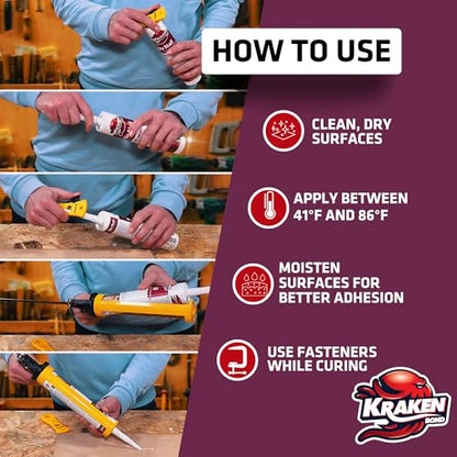 KRAKEN BOND No More Nails Clear Polyurethane Adhesive - 100% Waterproof (D4) and Sealant for Wood, Ceramic, Tile, Floor, Granite, Rubber | 12 Pack, 10.1 Fl. Oz. - size: 12 Pack, style: No More Nails Adhesive
