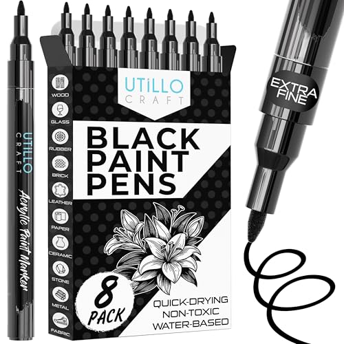 Utillo Craft Black Paint Pen (8-Pack) Extra Fine Black Paint Markers for Metal, Fabric, Wood, Glass, Paper, Plastic, Rock, Leather | Bold Color Permanent Acrylic Paint Pen 0.7mm | Artist DIY Gift - color: Black, style: Extra Fine 8PK