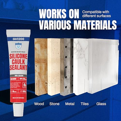 GH1200 18 ML x 8 PCs Silicone Caulk Clear Silicone Sealant Waterproof, Kitchen & Bathroom Caulk - Shrink & Crack Proof - Pocket-Friendly Small Size Indoor & Outdoor Use Silicone Glue - Strong Caulking - style: 18ML x 8PCs Clear Sealant