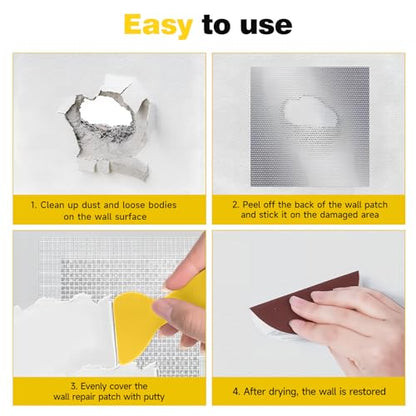 12 X 12 Inch Drywall Repair Kit - Heavy Duty Self-Adhesive Mesh Drywall Repair Patch for Large Holes in Wall and Ceiling, Wall Patch Repair Kit with Scraper and Sandpaper - Dry Wall Patch Kits