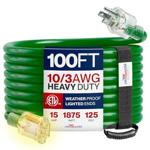 100ft Outdoor/Indoor Extension Cord 10/3 Gauge Ultra Heavy Duty 3 Prong SJTW, Waterproof, ETL Listed, Flexible Cold-Resistant Long Power Cord,15A 125V 1875W, Green by LifeSupplyUSA - color: Green, size: 100 FT, style: 10 Gauge (ULTRA HEAVY DUTY)