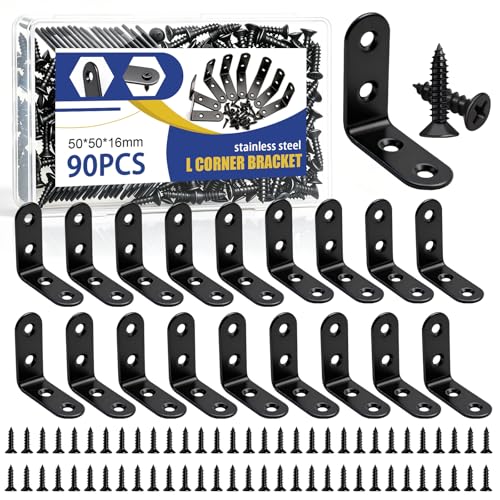 mankk 90PCS L Corner Brackets Black Mending Plates Metal Bracket Stainless Steel Flat Brace Brackets Fixed Connecting Plate for Wood Repair Fixing - color: Black-50mm/1.97"