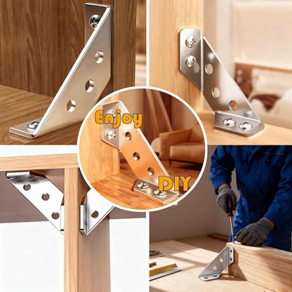 Heavy Duty Stainless Steel Furniture Corner Connectors - Triangle Bracket with Drill and Screws, Universal for Wood Furniture, Drawers, Cabinets, Tables, and Chairs