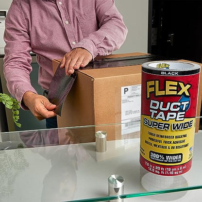 Flex Duct Tape, Super Wide, 7.5 Inches x 20 Feet, Black, Heavy Duty Strong, Multi-Surface, Water, Weather and UV Resistant, Tearable, Perfect for Boxes, No Residue - color: Black, size: 7.5" x 20'