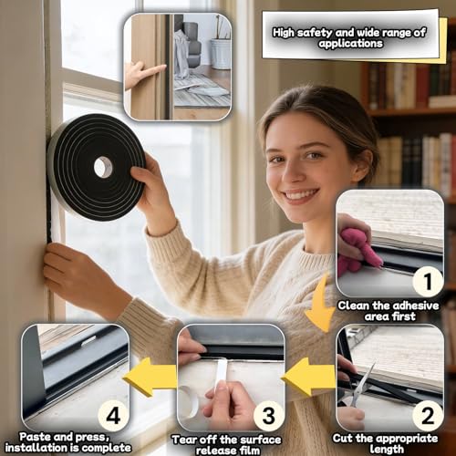 Ultra Strong Self-Adhesive Foam Tape, 1/2" x 1/4" x 33 FT Weather Stripping Seal for Doors Windows, Soundproofing, Noise Reduction, Insulation, AC Seal - Easy Cut, Heat Cold Resistant, No Residue