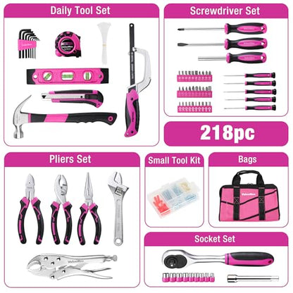 ValueMax Pink Tool Kit, 218-Pieces Home Repairing Tool Set, Household Tool Kit with Wide Mouth Open Storage Bag, Household Hand Tool Set for DIY, Gifts and Basic Home Maintenance