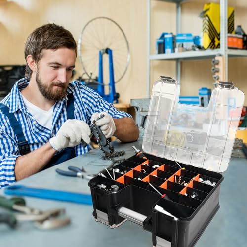 TACTIX Double-Sided Tool Organizer, Toolbox with 8-Storage Bins & 14 Adjustable Dividers & Transparent Lids, Portable Hardware Storage Box for Screws, Nuts, Fishing Accessories (Black&Orange) - style: Double Sided Tool Box