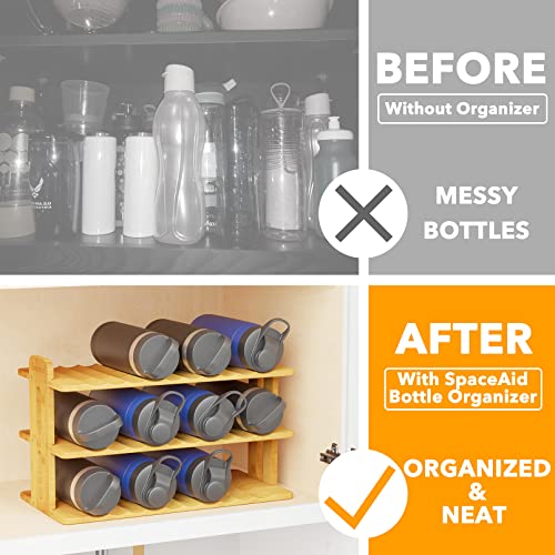 SpaceAid Bamboo Water Bottle Organizer with Labels, Kitchen Pantry Water Bottle Storage Rack for Cabinets, Home Cup and Wine Bottle Holder Shelf Organizers, (3-Tier, Hold 12 Bottles) - size: 3-Tier, 12 Bottles