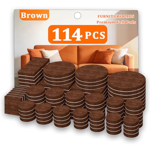 Felt Furniture Pads 114 PCS, 7 Sizes, Felt Pads for Chair Legs, Suitable for Round and Square Chair Legs, to Prevent Scratches, Reduce Noise and Protect the Floor (Brown) - size: 114PCS-Brown