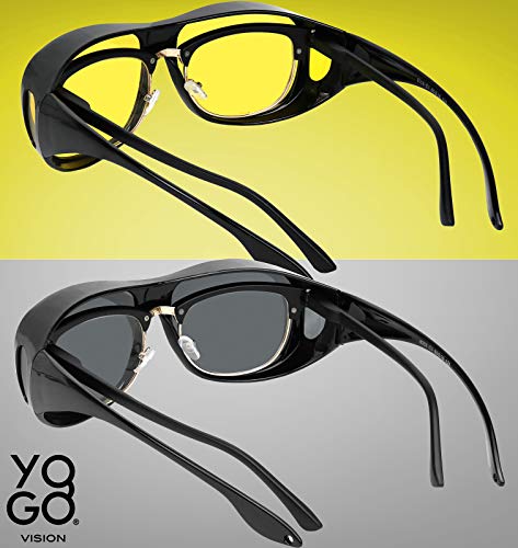 Fit Over Wrap Sunglasses Polarized Lens Wear Over Eyeglasses 100% UV Protection for Men and Women - color: Yellow Night Driving Lens and Smoke Lens