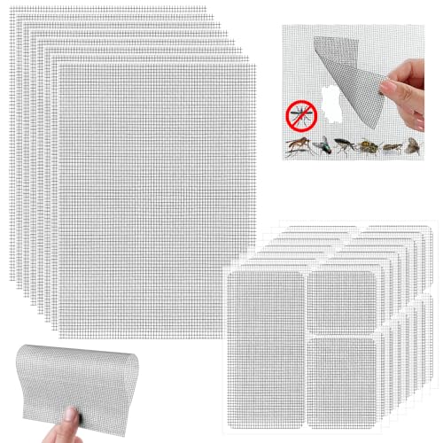 16PCS Window Screen Patch Kit 5"×7" & 4.5"×4.5" – Fiberglass Self-Adhesive Waterproof Mesh Tape for Tears & Holes, Strong Quick Fix for Door Mesh