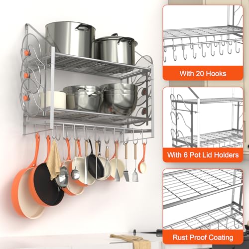 VyGrow 28 Inch Pot Rack Wall Mounted, 2 Tier Pots and Pans Organizer with 20 Hooks and 6 Pot Lid Holders, Heavy Duty Steel Pot and Pan Hanger for Kitchen Cookware Utensils Storage, Silver - color: 28"W 2 Tier Silver