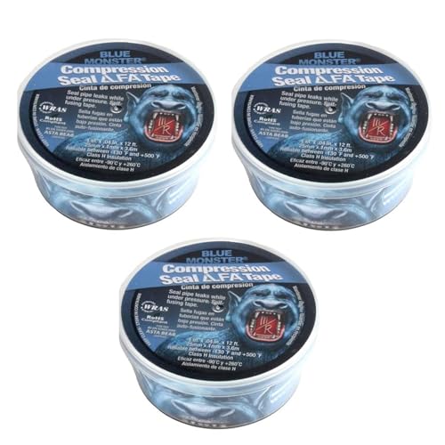 Blue Monster Compression Seal Tape, 12 ft x 1" Roll, Pack of 3 – Self-Fusing Silicone Tape for Leak Repair, Waterproof Seal for Plumbing, Pipes & Hoses, Seals Leaks Up to 150 PSI