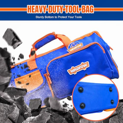 WADFOW 19-inch Tool Bag, Waterproof Wide Mouth Storage Bag with Adjustable Shoulder Straps for Professional and Daily Use,Blue and Orange