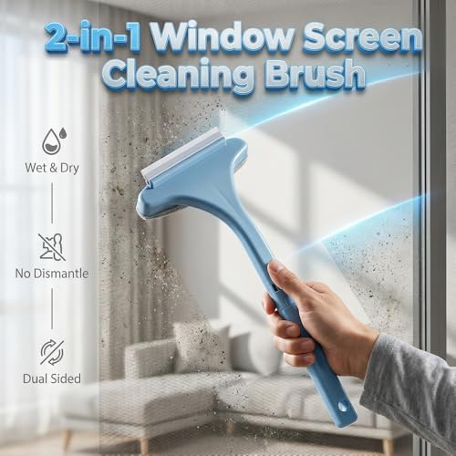 Window Screen Cleaning Brush, 2 in 1 Window Screen Cleaner Tool with Squeegee, Mesh Screen Cleaner, Multi-Purpose Cleaning Brush for Patio, Door, Porch Screens (Pink) - color: Pink
