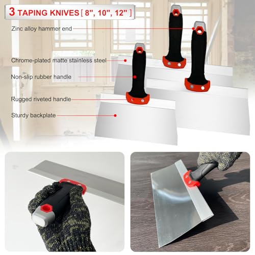 Drywall Hand Tool Kit, 7 Pcs Stainless Steel Drywall Knife Set with Soft Handle, Includes Putty Knife, Taping Knife, Painter Scraper Tool & 13" Mud Pan for Joint Taping, Finishing, Patching - color: Black, 7pcs