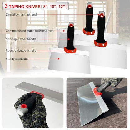 Drywall Hand Tool Kit, 7 Pcs Stainless Steel Drywall Knife Set with Soft Handle, Includes Putty Knife, Taping Knife, Painter Scraper Tool & 13" Mud Pan for Joint Taping, Finishing, Patching - color: Black, 7pcs