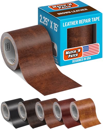 MATCH 'N PATCH Leather Repair Tape - Brown (2.25 inch x 15 feet) - Realistic Faux Leather Patches for Couch, Sofa, Upholstery, Car Seats & Other Furniture, Vinyl Repair Kit, Self Adhesive Patch - color: Brown, size: 2.25" x 15'