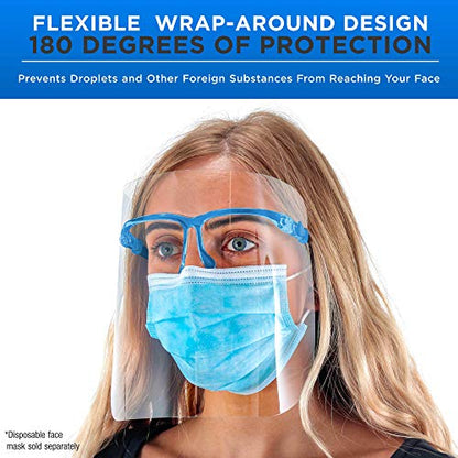 TCP Global Salon World Safety Face Shields with Blue Glasses Frames (Pack of 10) - Ultra Clear Protective Full Face Shields to Protect Eyes, Nose, Mouth - Anti-Fog PET Plastic, Goggles - color: Blue