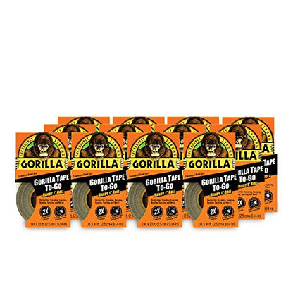 Gorilla Tape, Mini Duct Tape To-Go, 1" x 10 yd Travel Size, Black, (Pack of 12) - size: 12 - Pack