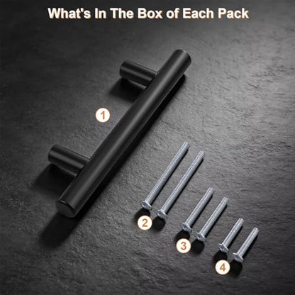 Probrico 5 Pack Hole Centers 3inch Stainless Steel Kitchen Cabinet Pulls,Flat Black Dresser Drawer Handles, 5inch Length Euro T Bar Pull Handle for Home Furnitures - size: Center to Center: 3 Inch