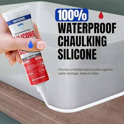 GH1200 White Silicone Sealant - 150 ML/5 FL Oz Waterproof Sealant for Kitchen & Bathroom - Shrink & Crack Proof Silicone Caulk - Indoor & Outdoor Use Sealant - Strong Formula Silicone Adhesive Tube
