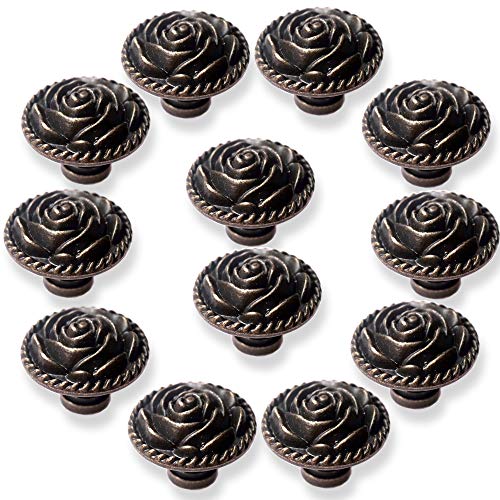 Vintage Rose Cabinet Knobs, Antique Bronze Cupboard Dresser Door Pull Round Zinc Alloy Knob Flower Drawer Handles with 3 Sized Screws for Furniture Kitchen Cupboard Closet Wardrobe (12 Pack) - size: 12 Pack