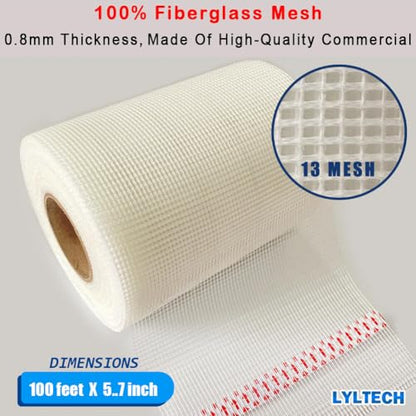 LYLTECH Drywall Joint Tape- 5.7in X 100 ft,13 MESH,100% Fiberglass,Heavy-Duty Self-Adhesive Wall Crack and Seam Patch