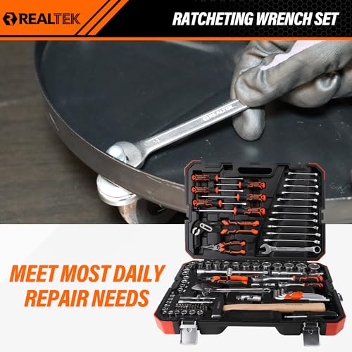 REALTEK 100 Piece Mechanic Tool Set, Car Tool Kit, Cr-V Socket Wrench Auto Repair Kit Includes Socket Accessories, Pliers, Heavy Hammer, Screw Drivers, General Households Tools with Larger Case